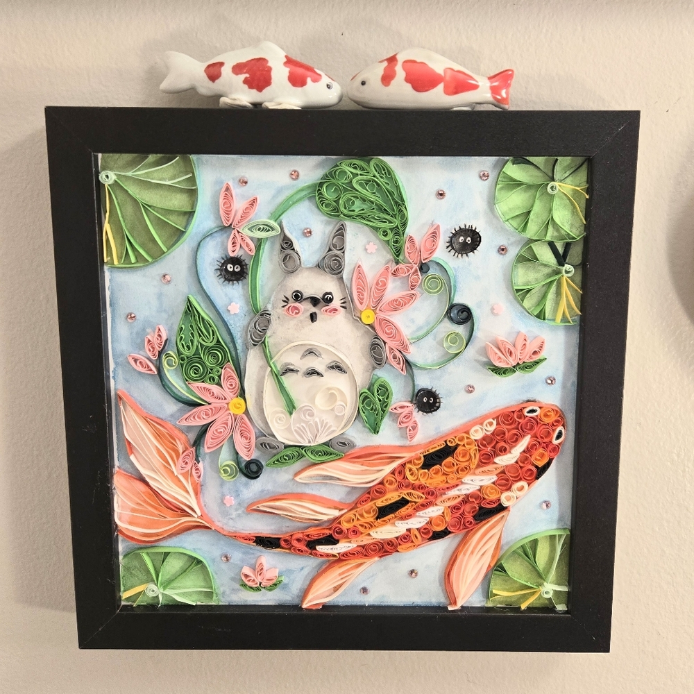 Totoro Koi Fish Lotus Paper Quilling Framed Art NWT